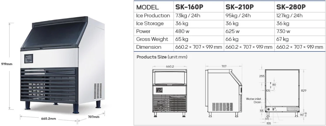 Snooker Model Sk-120p 55kg/24h Productivity Commerical Ice Cube Making Machine